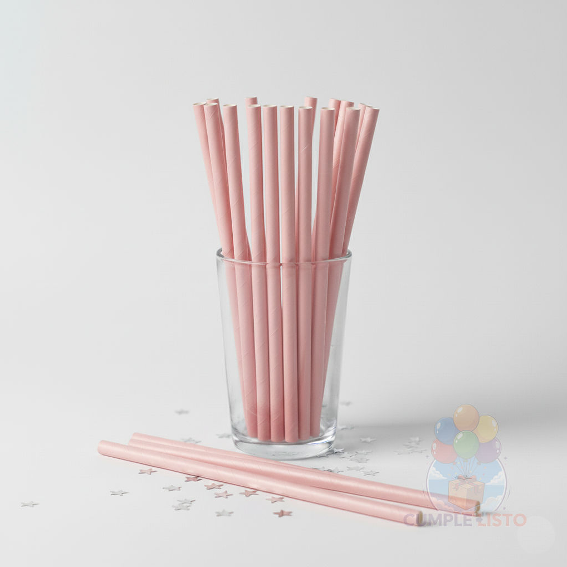 24 Bombillas Papel Biodegradables Lisas Rosadas 1