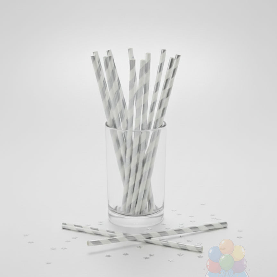 12 Bombillas Papel Metalizadas Rayas Plateado/Blanco 1