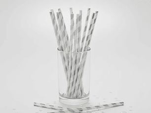 12 Bombillas Papel Metalizadas Rayas Plateado/Blanco