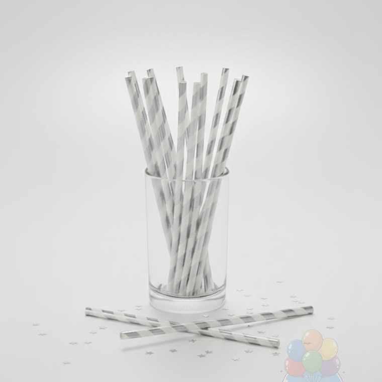 12 Bombillas Papel Metalizadas Rayas Plateado/Blanco 1