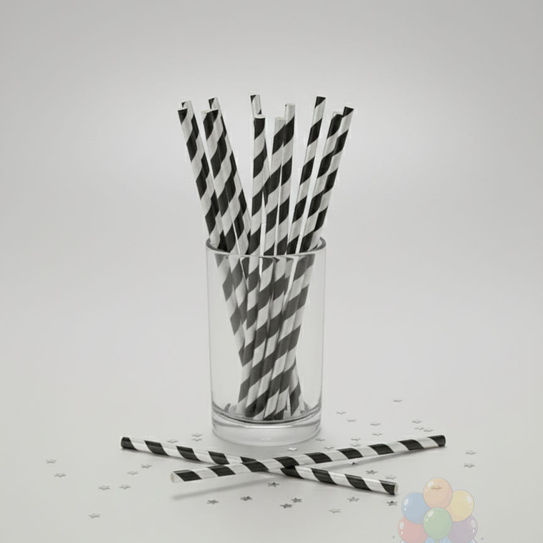 12 Bombillas Papel Metalizadas Rayas Plateado/Blanco 2