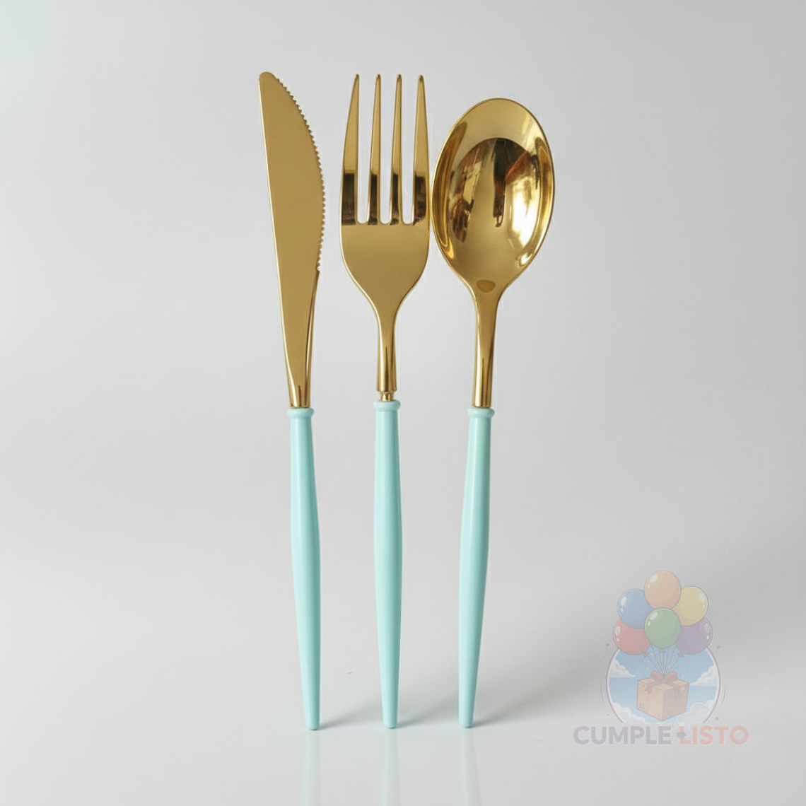 Set Cubiertos Individual 3 Pzs Dorado Brillante Mango Color 1