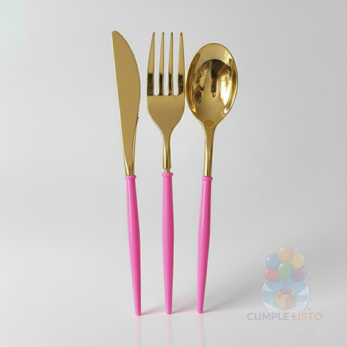 Set Cubiertos Individual 3 Pzs Dorado Brillante Mango Color 2