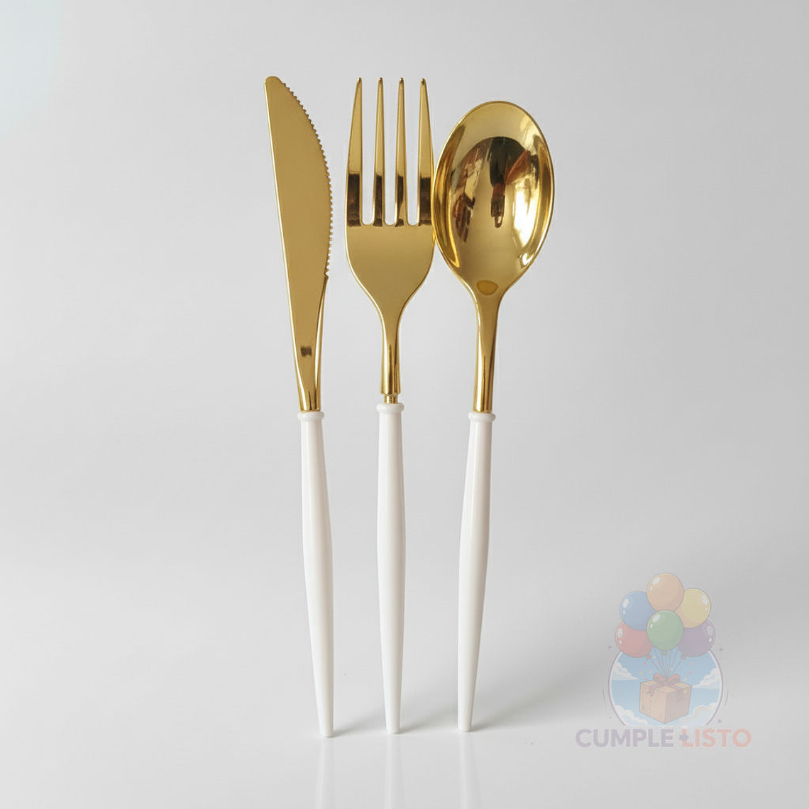 Set Cubiertos Individual 3 Pzs Dorado Brillante Mango Color 4