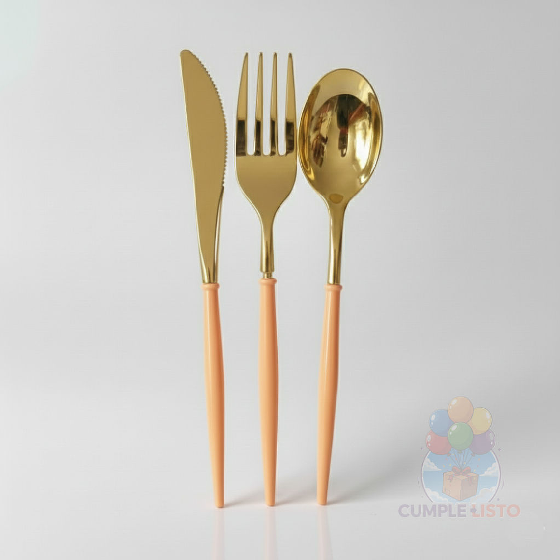 Set Cubiertos Individual 3 Pzs Dorado Brillante Mango Color 5