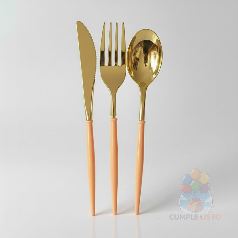 Set Cubiertos Individual 3 Pzs Dorado Brillante Mango Color 5