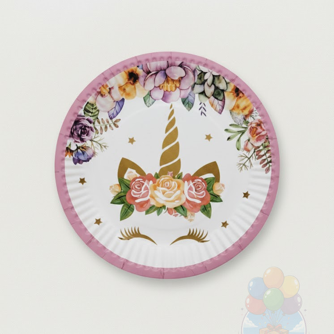 6 Platos Cartón Unicornio Floral Rosado Dorado (18cm) 1