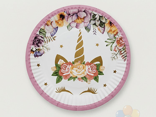 6 Platos Cartón Unicornio Floral Rosado Dorado (18cm)