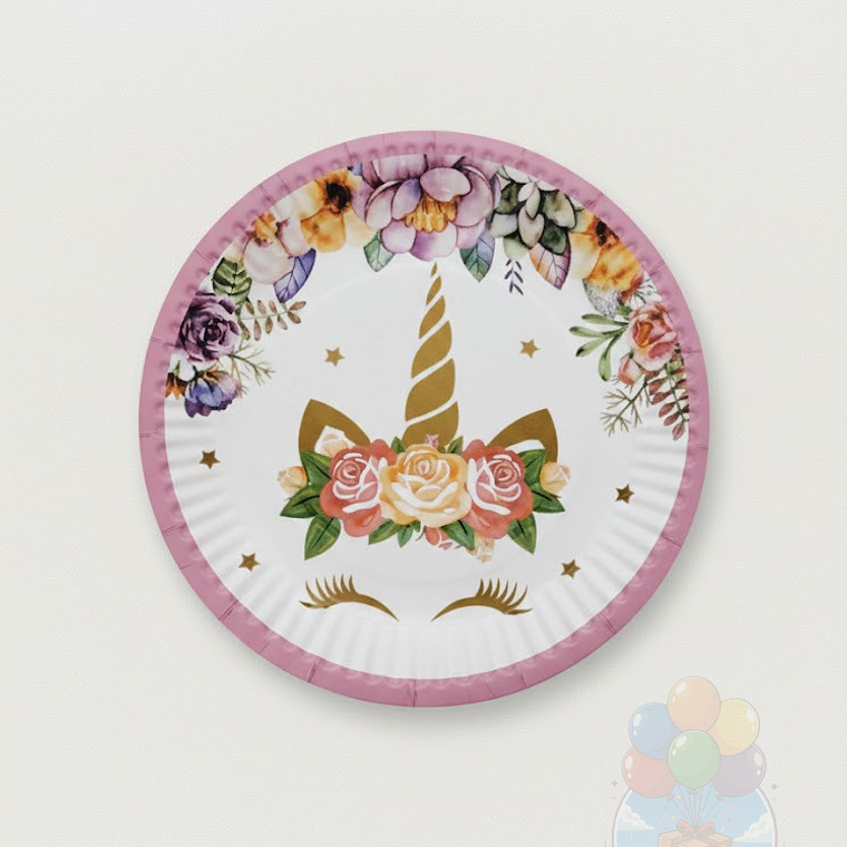 6 Platos Cartón Unicornio Floral Rosado Dorado (18cm) 1