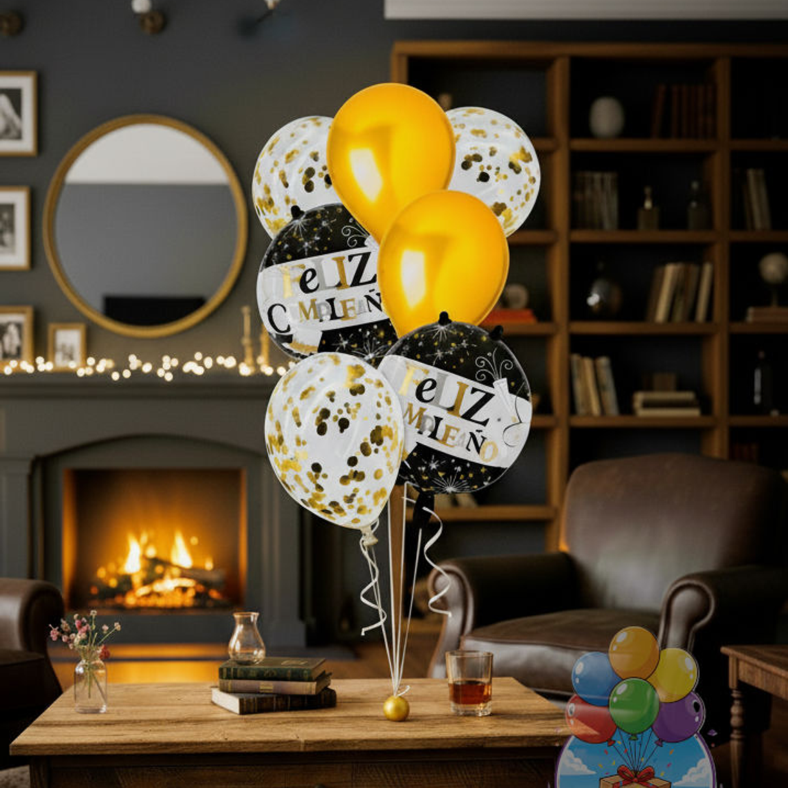 Bouquet 7 Globos Oro y Negro Feliz Cumpleaños Elegante 1