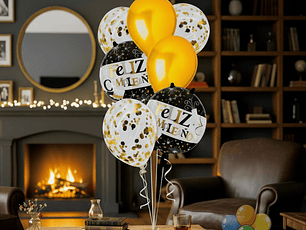 Bouquet 7 Globos Oro y Negro Feliz Cumpleaños Elegante