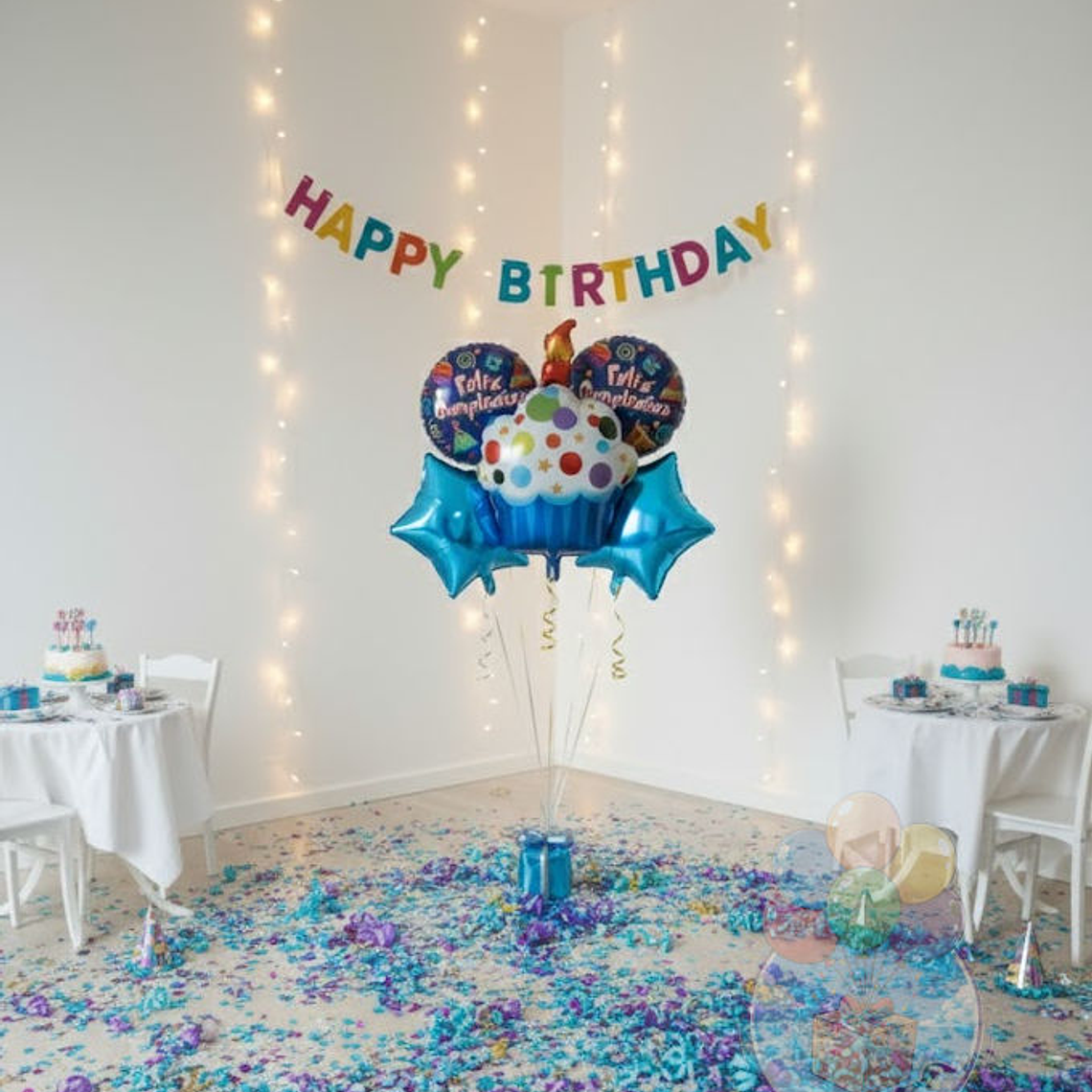 5 Globos Metalizados Cupcake y Estrellas Azules 1