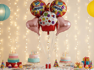 Set 5 Globos Mylar Cupcake Rojo y Corazones Rosados
