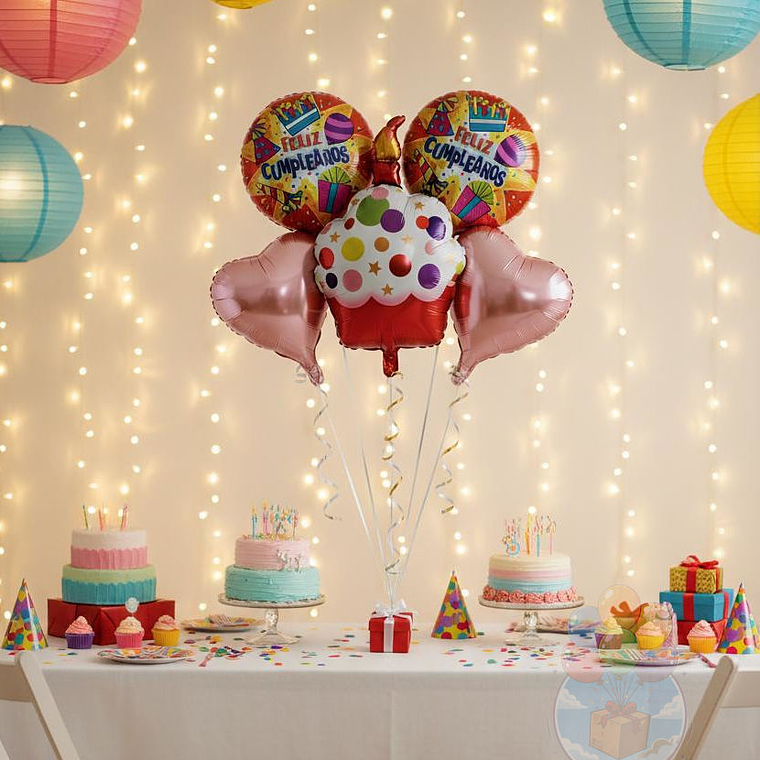 Set 5 Globos Mylar Cupcake Rojo y Corazones Rosados 1