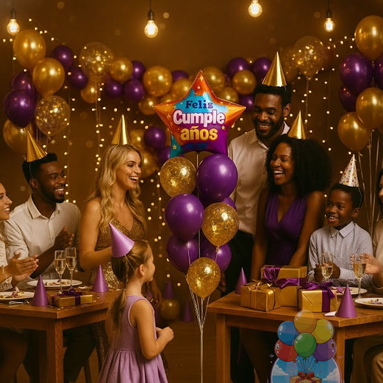 Bouquet 7 Globos Lujo Morado Confeti Dorado (45 cm) 1