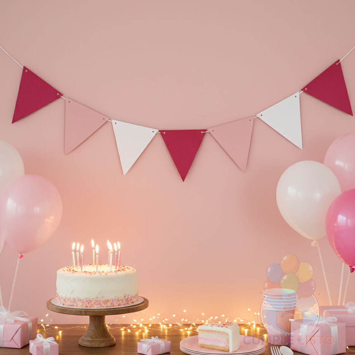 Banderin Triangular Lisos Fucsia, Rosado y Blanco 1