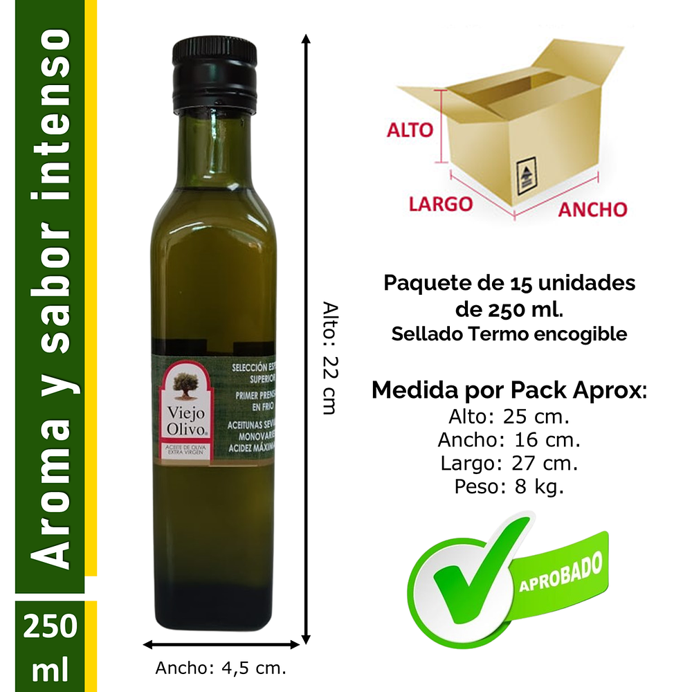 Caja (Pack) 15 Botellas de Aceite de Oliva Extra Virgen Viejo Olivo, Sevillana – 250 ml c/u