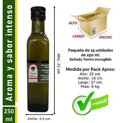 Caja (Pack) 15 Botellas de Aceite de Oliva Extra Virgen Viejo Olivo, Sevillana – 250 ml c/u