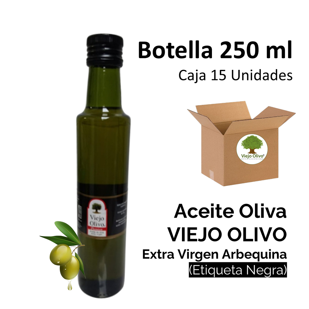 Caja (Pack) 15 Botellas de Aceite de Oliva Extra Virgen Viejo Olivo, Arbequina – 250 ml c/u