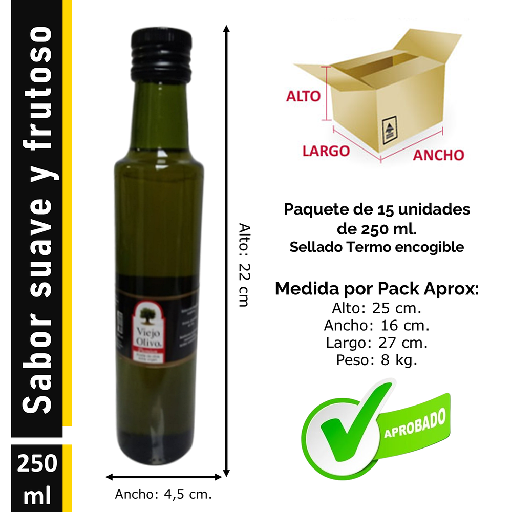 Caja (Pack) 15 Botellas de Aceite de Oliva Extra Virgen Viejo Olivo, Arbequina – 250 ml c/u