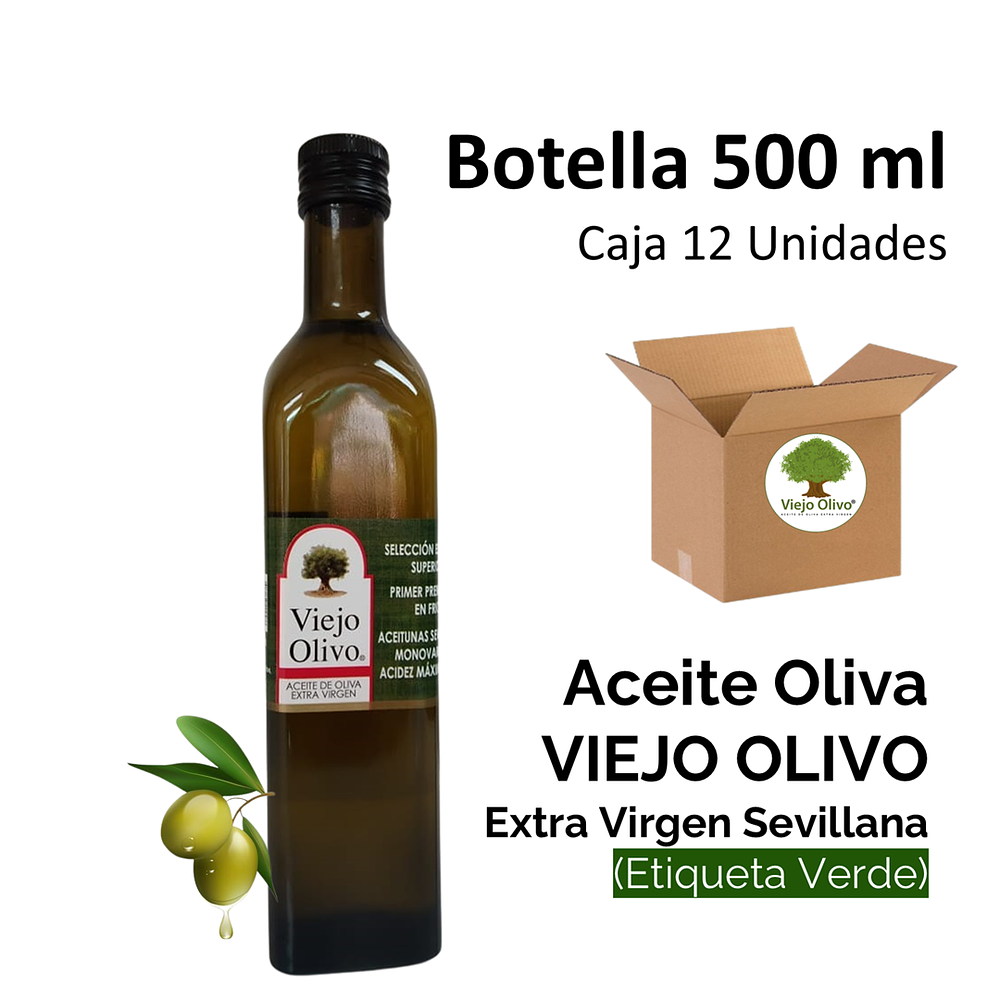 Caja (Pack) 12 Botellas de Aceite de Oliva Extra Virgen Viejo Olivo, Sevillana – 500 ml c/u