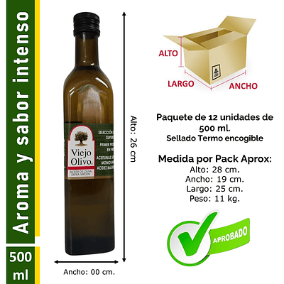 Caja (Pack) 12 Botellas de Aceite de Oliva Extra Virgen Viejo Olivo, Sevillana – 500 ml c/u