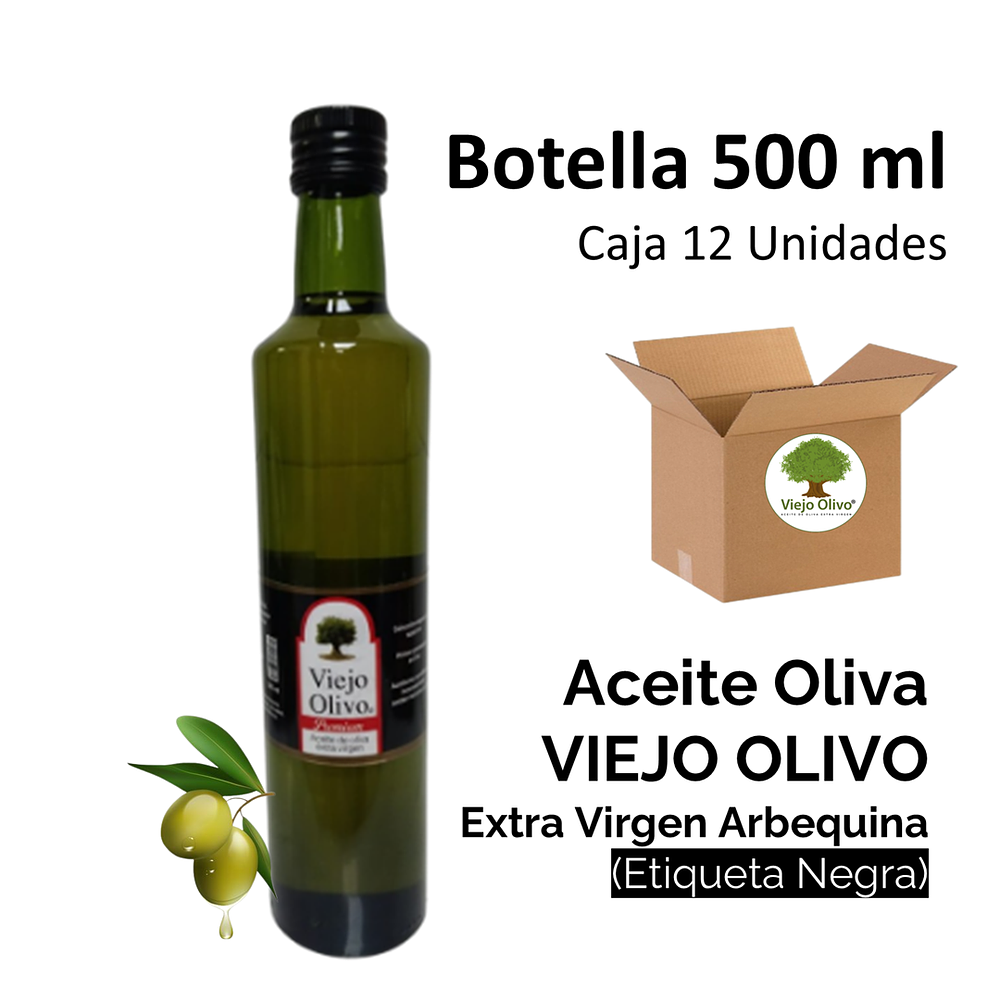 Caja (Pack) 12 Botellas de Aceite de Oliva Extra Virgen Viejo Olivo, Arbequina – 500 ml c/u