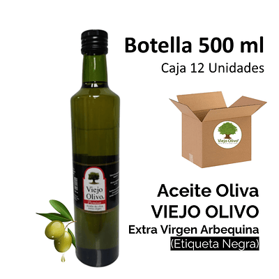 Caja (Pack) 12 Botellas de Aceite de Oliva Extra Virgen Viejo Olivo, Arbequina – 500 ml c/u