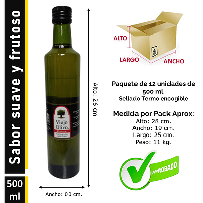 Caja (Pack) 12 Botellas de Aceite de Oliva Extra Virgen Viejo Olivo, Arbequina – 500 ml c/u
