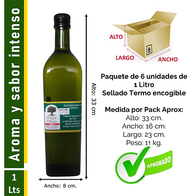 Caja (Pack) 6 Botellas de Aceite de Oliva Extra Virgen Viejo Olivo, Sevillana – 1 Litro c/u