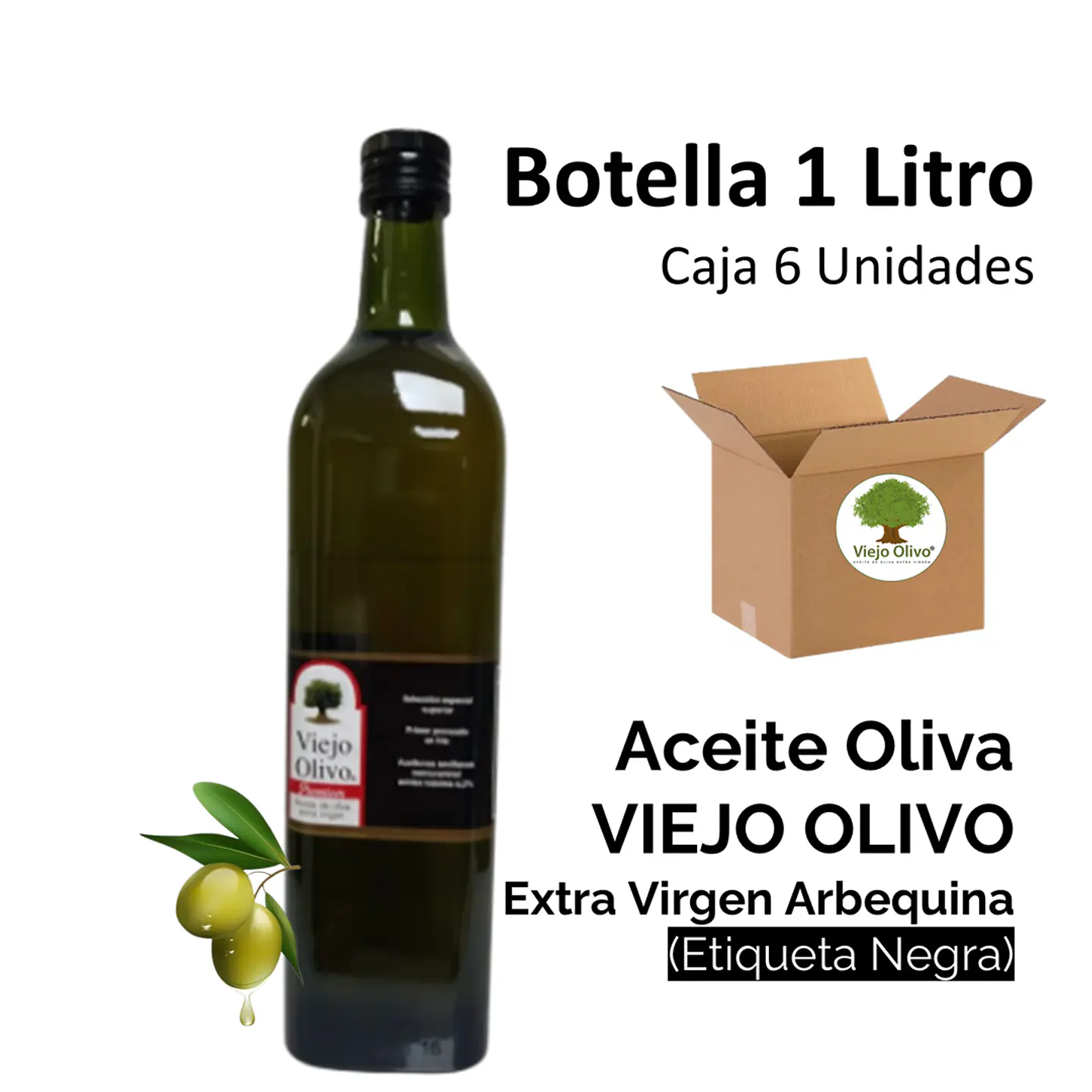 Caja (Pack) 6 Botellas x 1 Litro | Arbequina - Aceite de Oliva Extra-Virgen Viejo Olivo 1