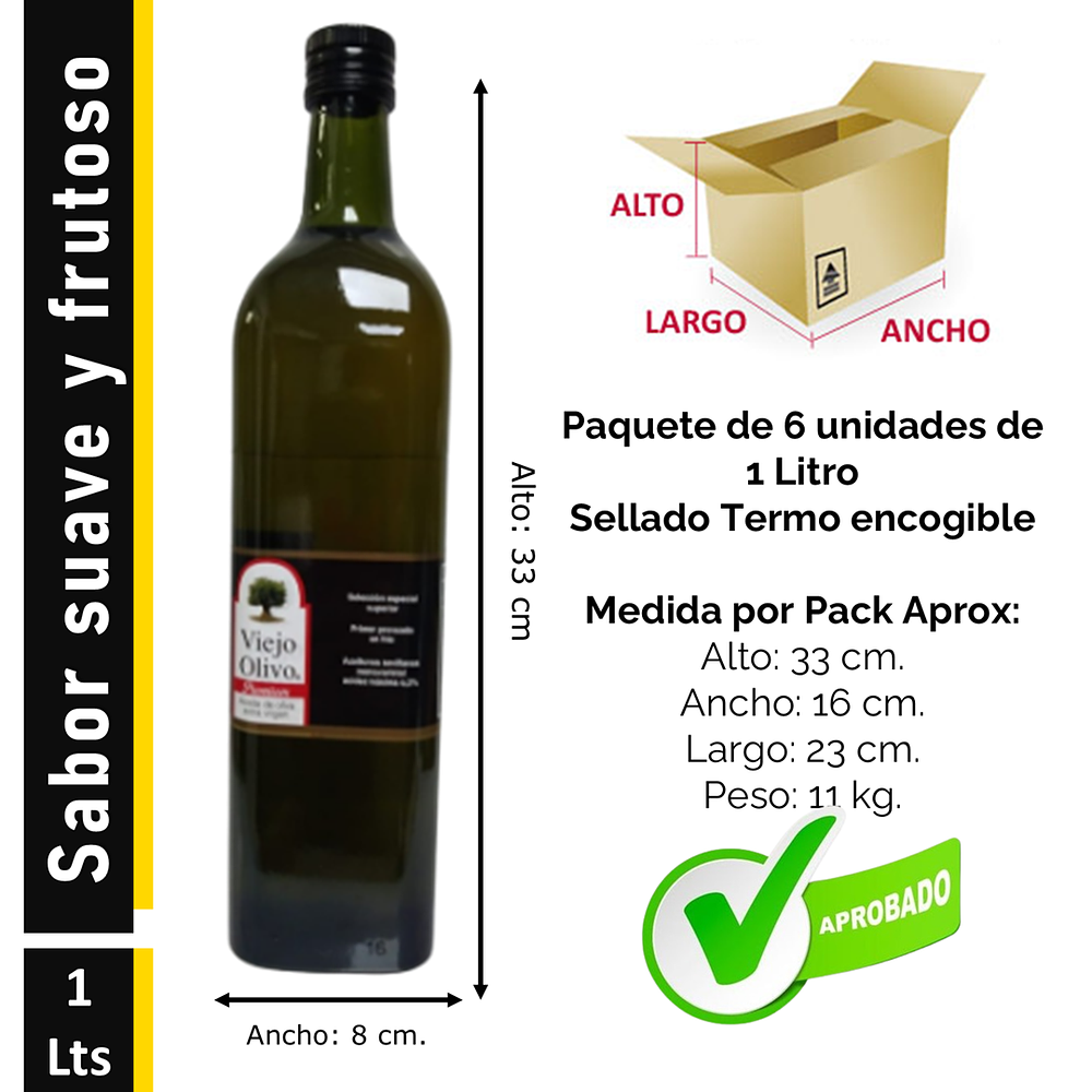 Caja (Pack) 6 Botellas de Aceite de Oliva Extra Virgen Viejo Olivo, Arbequina – 1 Litro c/u