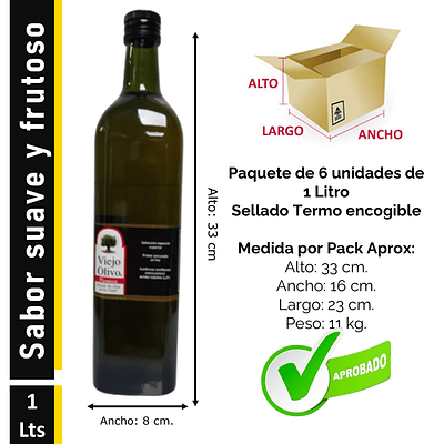 Caja (Pack) 6 Botellas de Aceite de Oliva Extra Virgen Viejo Olivo, Arbequina – 1 Litro c/u