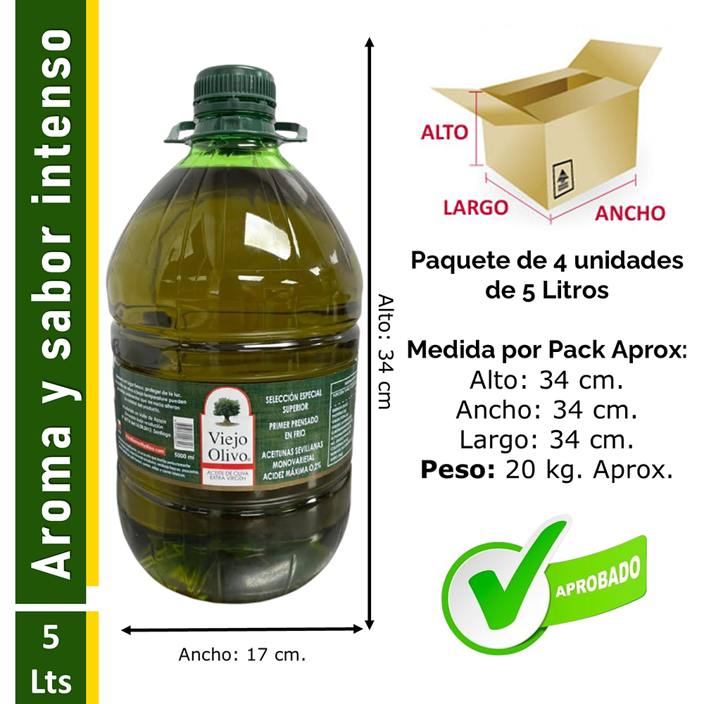 Caja (Pack) 4 Bidones de Aceite de Oliva Extra Virgen Viejo Olivo, Sevillana – 5 Litros c/u