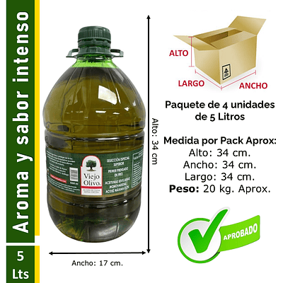 Caja (Pack) 4 Bidones de Aceite de Oliva Extra Virgen Viejo Olivo, Sevillana – 5 Litros c/u