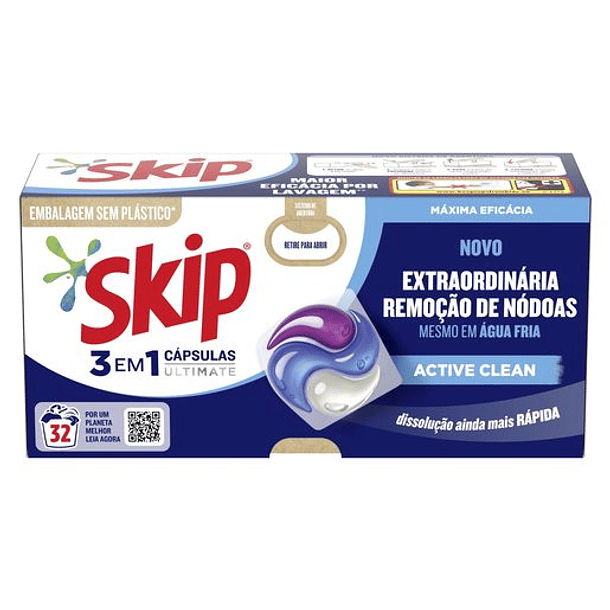 SKIP Detergente Máquina Roupa Cápsulas 3 em 1 Active Clean 32 CAPESOLAS 