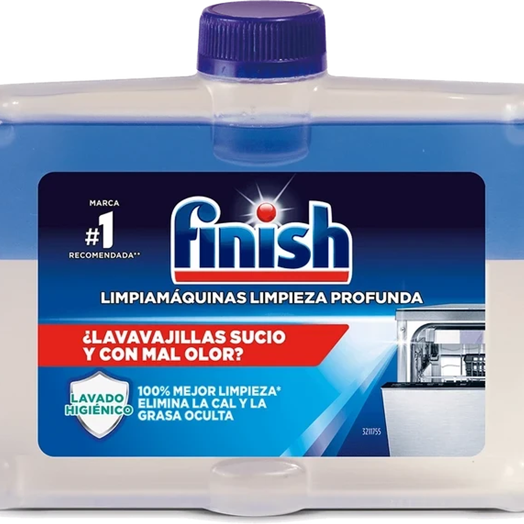 FINISH LIMPA MÁQUINAS  250ML PACK REGULAR Finish Limpa Máquinas proporciona uma lavagem higiénica, eliminando a gordura e o calcário e tornando a sua máquina 100% profundamente mais limpa*.  *100% Mai 1