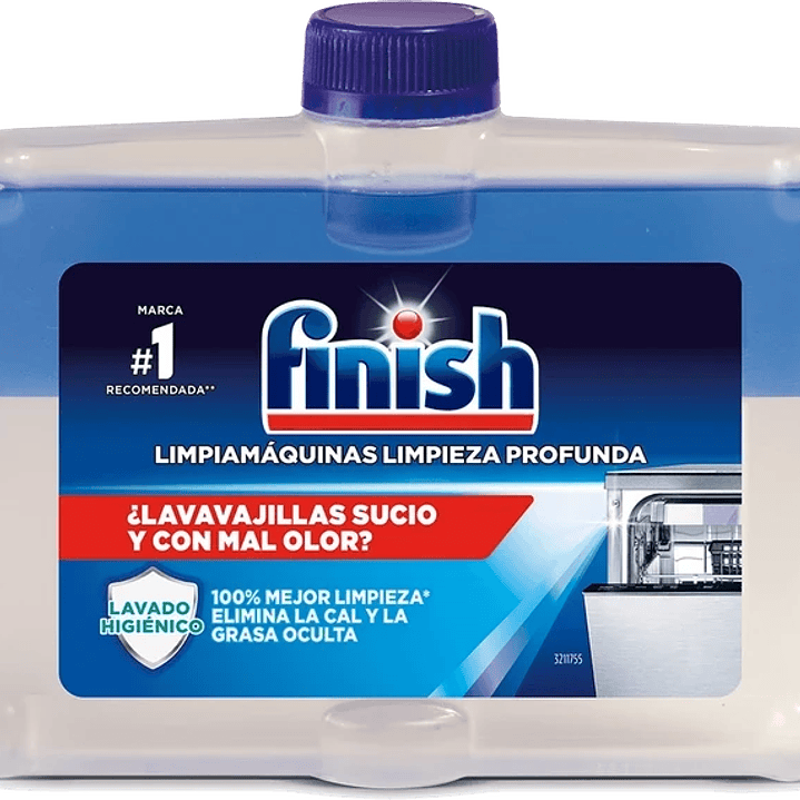 FINISH LIMPA MÁQUINAS  250ML PACK REGULAR Finish Limpa Máquinas proporciona uma lavagem higiénica, eliminando a gordura e o calcário e tornando a sua máquina 100% profundamente mais limpa*.  *100% Mai 1