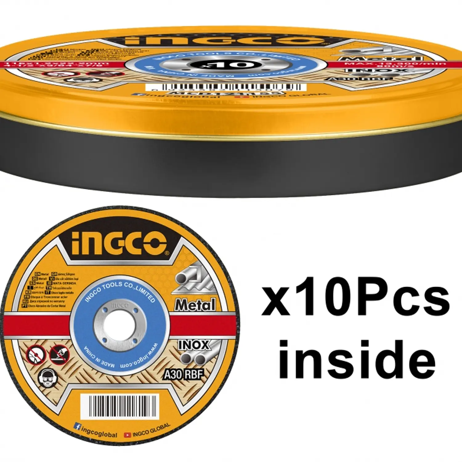DISCO DE CORTE INGCO METAL/ACERO 115 MM JGO.10 PZAS 4 1/2 X1.2 X 7/8 #MCD121155