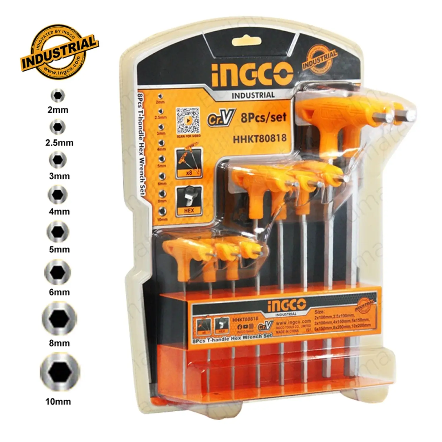 LLAVE ALLEN INGCO TIPO T INDUSTRIAL 2 - 10 MM JGO 8 PZ #HHKT80818