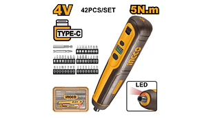 ATORNILLADOR INALAMBRICO INGCO 4V SIN CABLE USB C/42 ACCESORIOS #CSDLI0406