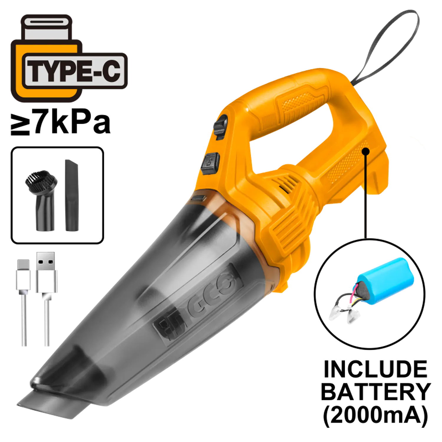 ASPIRADORA INGCO INALAMBRICA 11,1V P/AUTO C/CARGADOR USB # CVLI2026