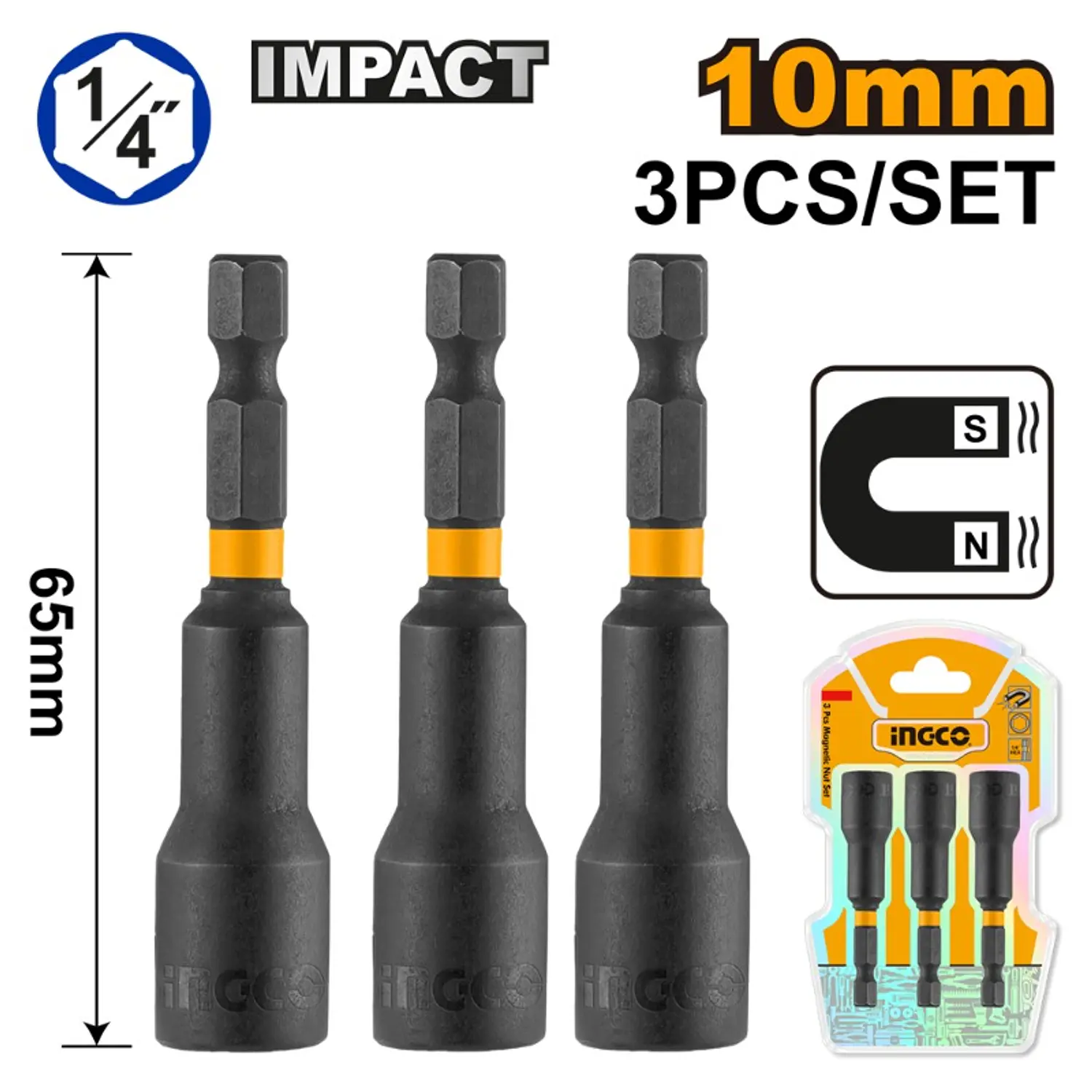 ADAPTADOR INGCO MAGN. IMPACTO 1/4 DR P/PUNTAS MAGN. 3 PZAS 10X65MM #AMN1031