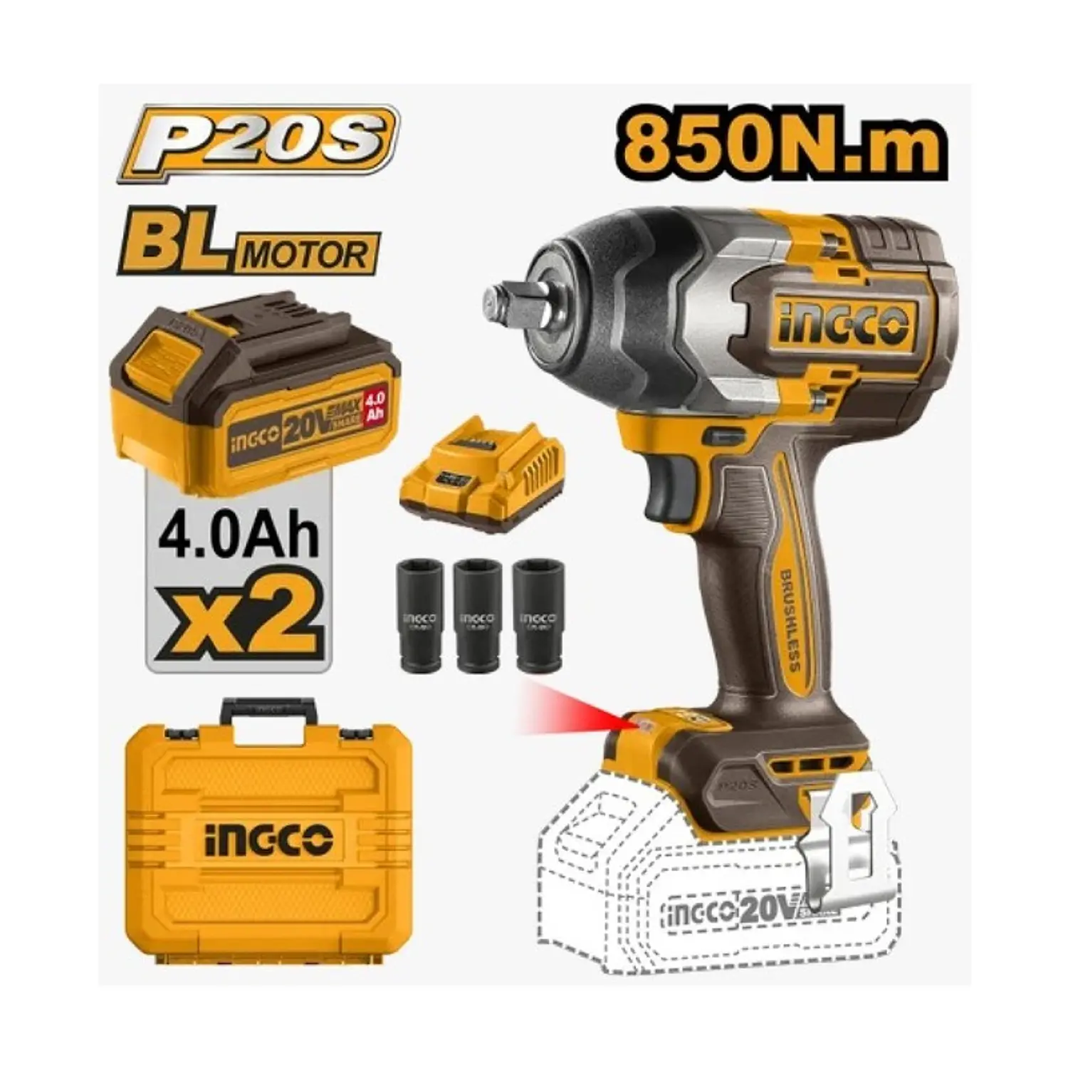LLAVE IMPACTO INGCO INALAMBRICA 20V - C/2 BAT Y 1 CARGADOR #CIWLI2085 (C)