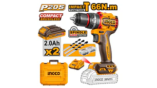 TALADRO ATORN. PERCUTOR INGCO INALAM. 20V - C/2 BAT.2.0AH Y 1 CARGADOR #CIDLI20668 (C)
