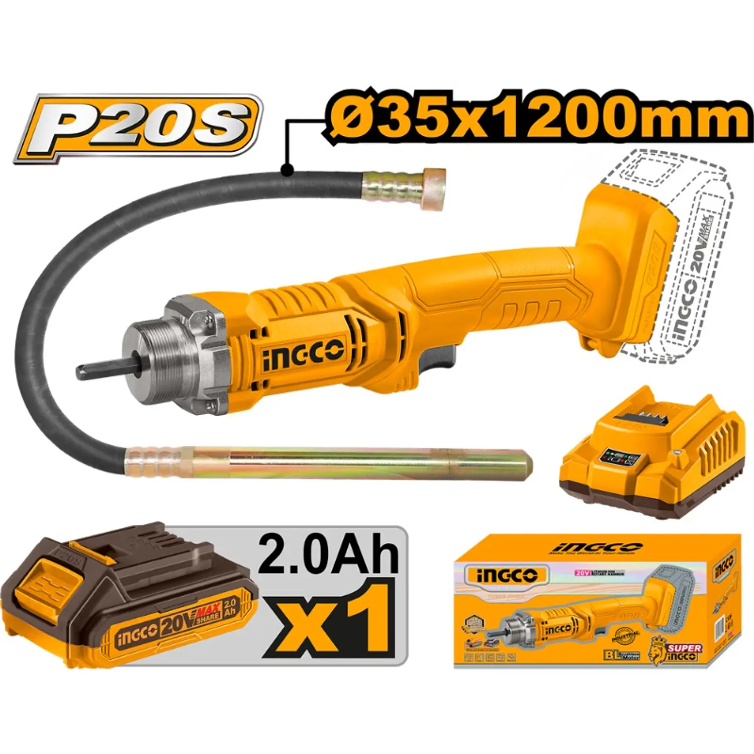 VIBRADOR DE CONCRETO INGCO INALAMB.20V C/BAT.2.0HA Y CARGADOR #CCVLI2023011