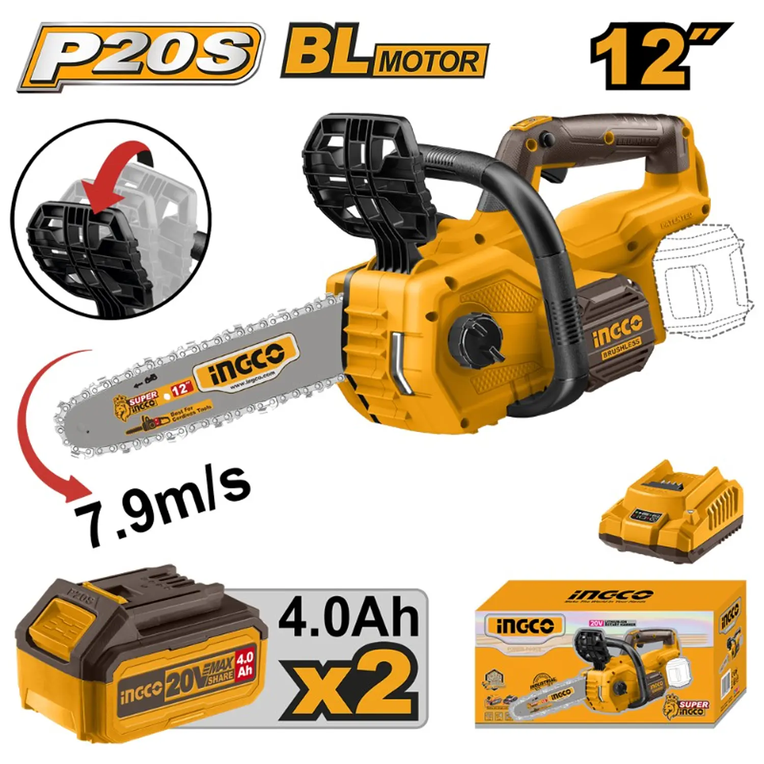 MOTOSIERRA INGCO INALAMBRICA 20V C/BATERIA Y C/CARGADOR BARRA 12