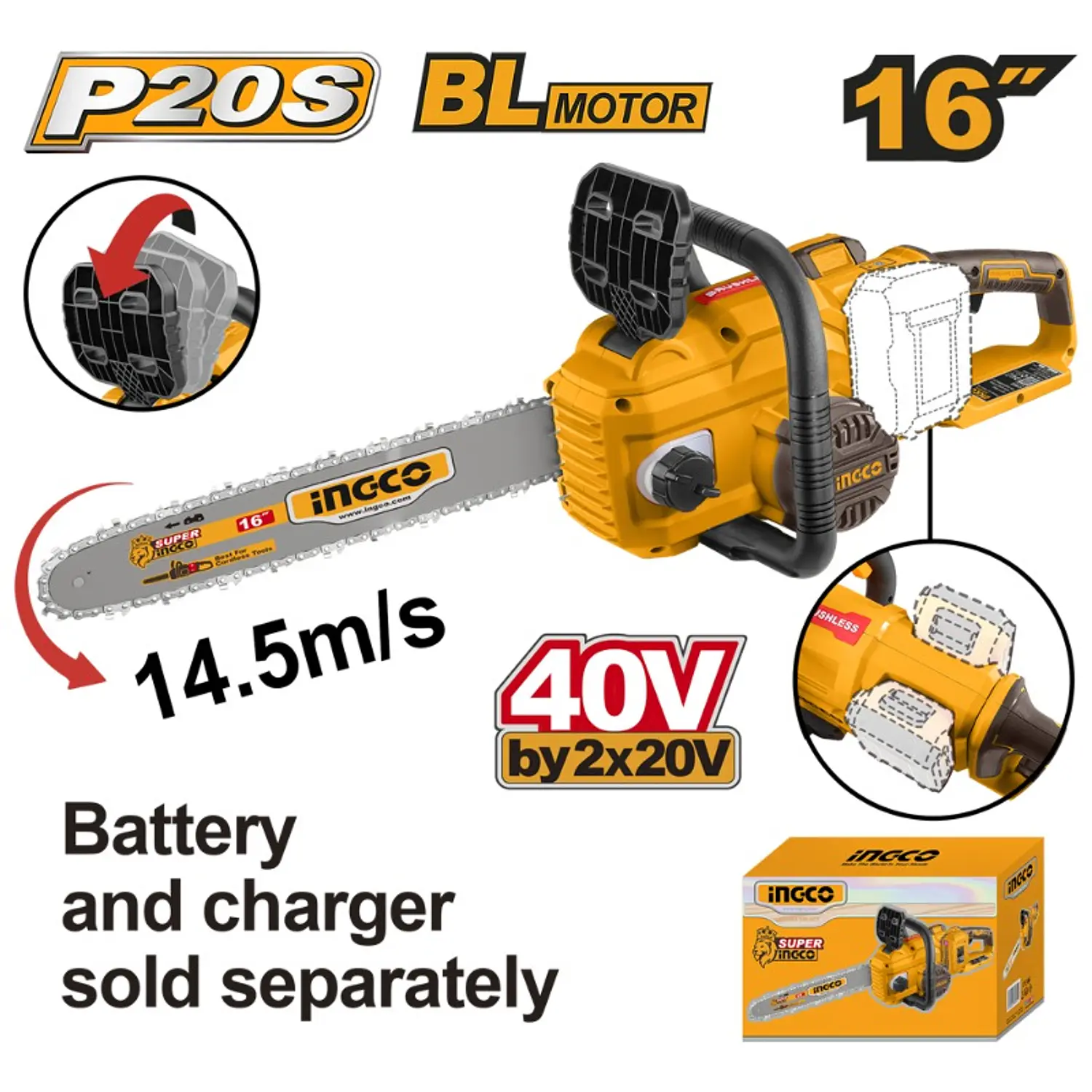 MOTOSIERRA INGCO INALAMBRICA 20V S/BATERIA Y S/CARGADOR BARRA 16