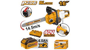 MOTOSIERRA INGCO INALAMBRICA 20V C/2 BAT. Y C/CARGADOR DOBLE, BARRA 16