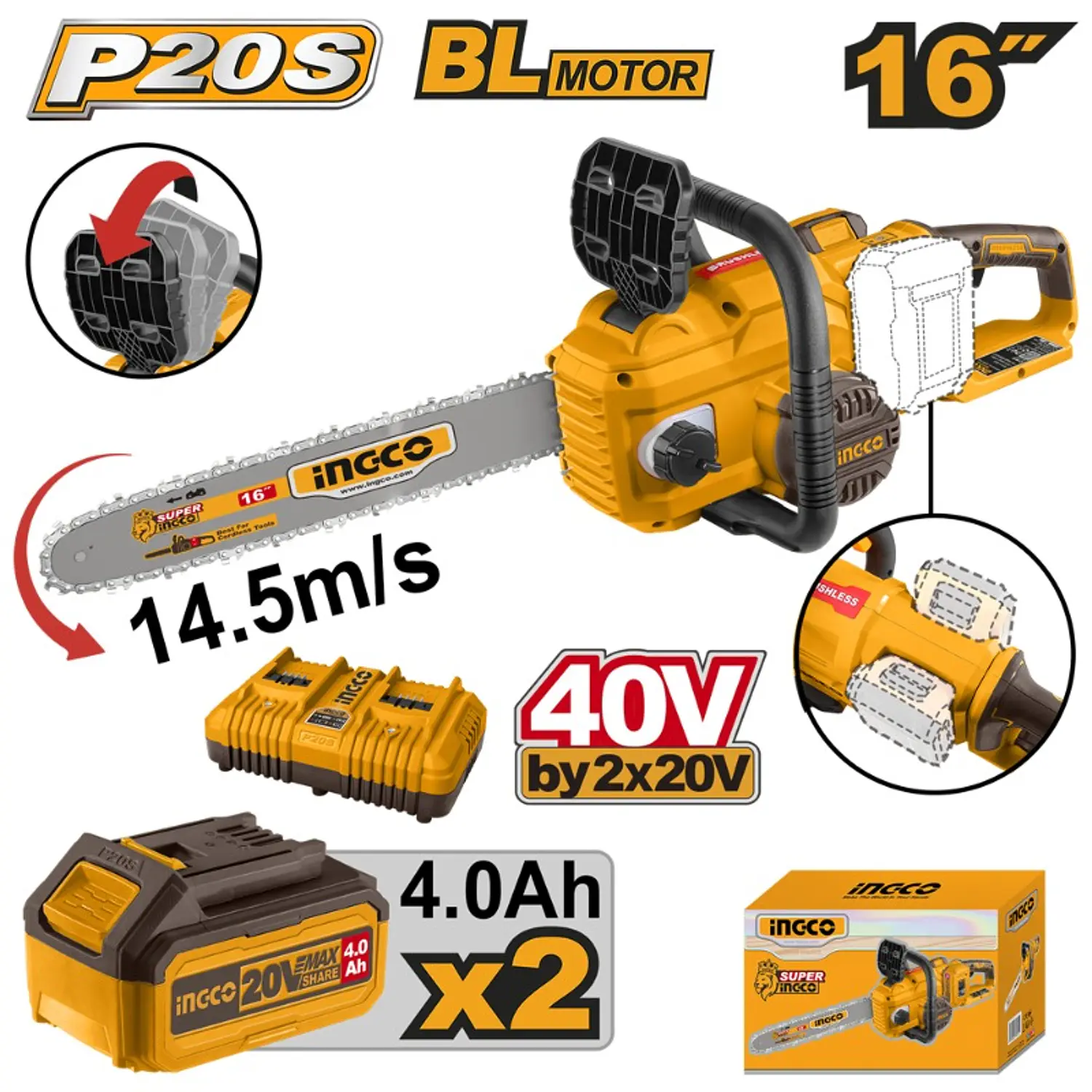 MOTOSIERRA INGCO INALAMBRICA 20V C/2 BAT. Y C/CARGADOR DOBLE, BARRA 16